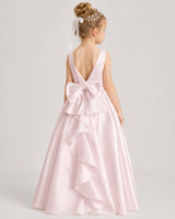 Blush Pink Satin A-line Flower Girl Dress Back View