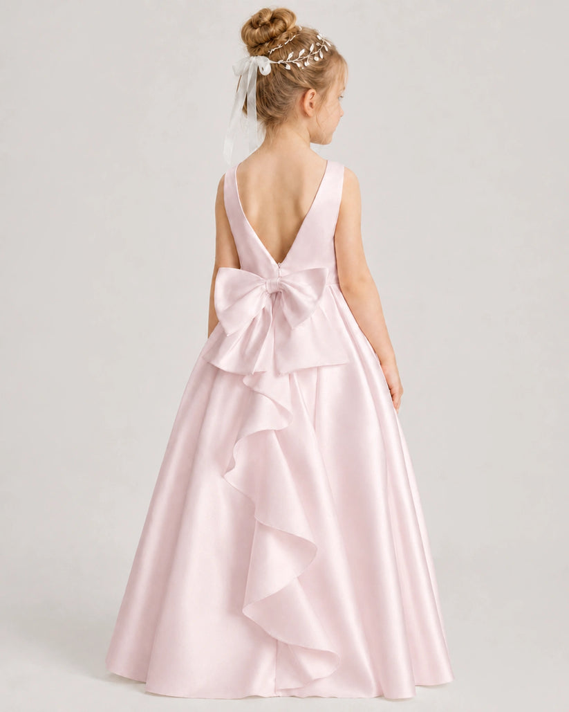 Blush Pink Satin A-line Flower Girl Dress Back View