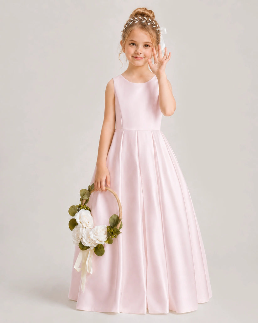 Blush Pink Satin A-line Flower Girl Dress Front View