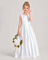 White Satin A-line Flower Girl Dress Front View