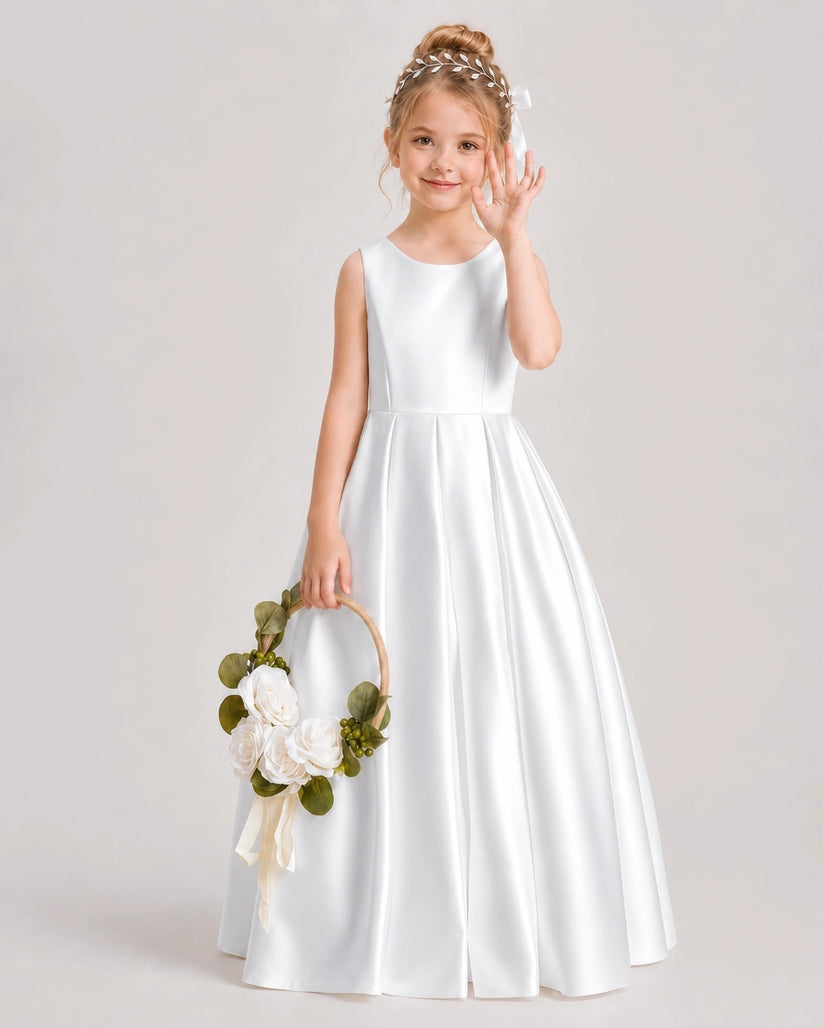 White Satin A-line Flower Girl Dress Front View