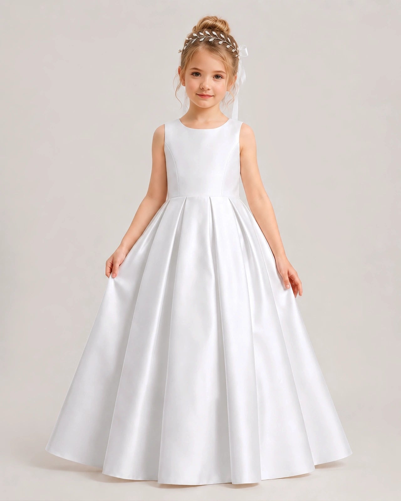 Dideyttawl White Satin Flower Girl Dress Sleeveless Back Bow Ball Gown Zweitbild