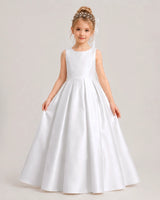 White Satin A-line Flower Girl Dress Front View