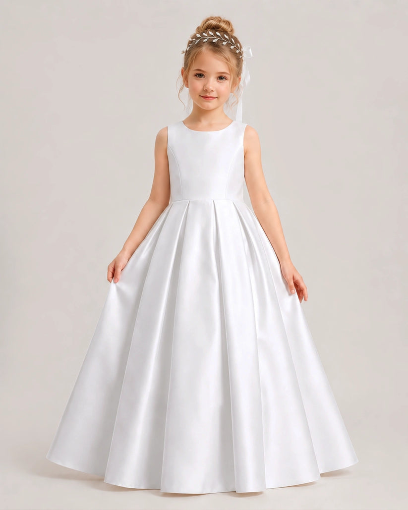 White Satin A-line Flower Girl Dress Front View