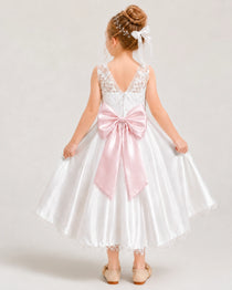 Dideyttawl Satin Flower Girl Dress with Tulle V-Back Bow