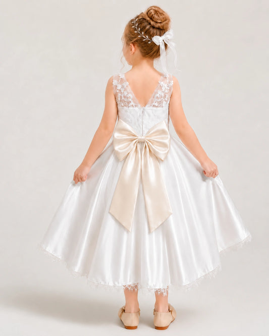 Champagne Satin A-line Flower Girl Dress Back View