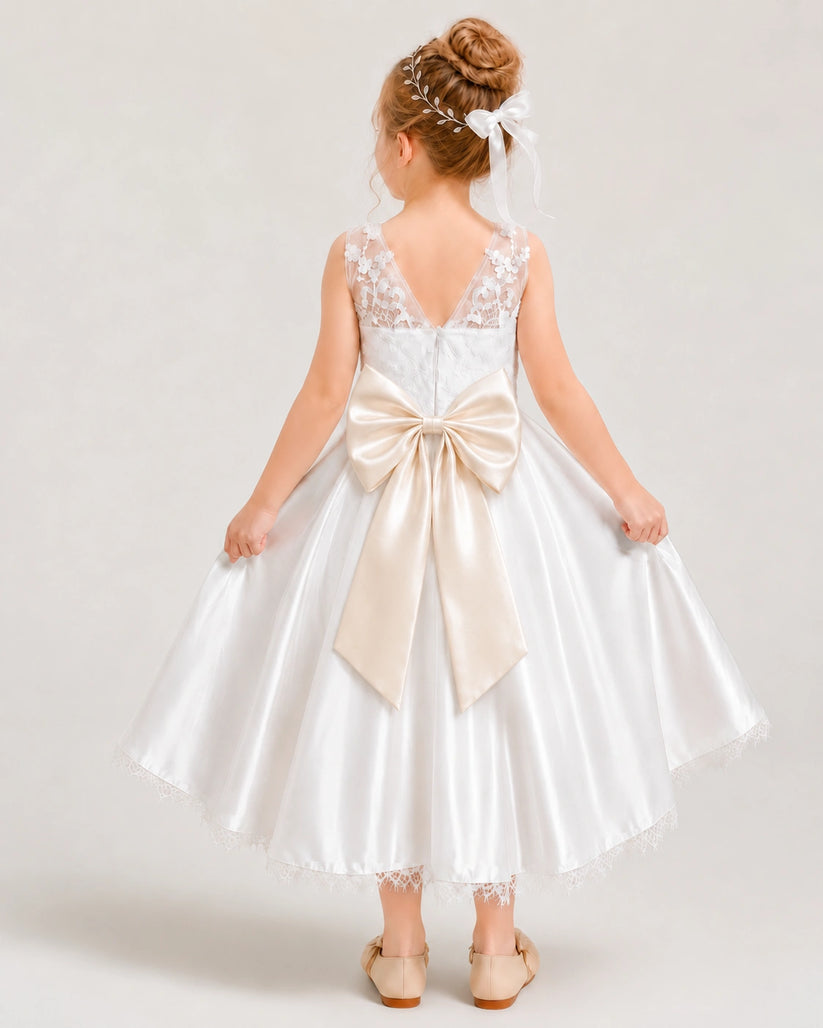 Champagne Satin A-line Flower Girl Dress Back View