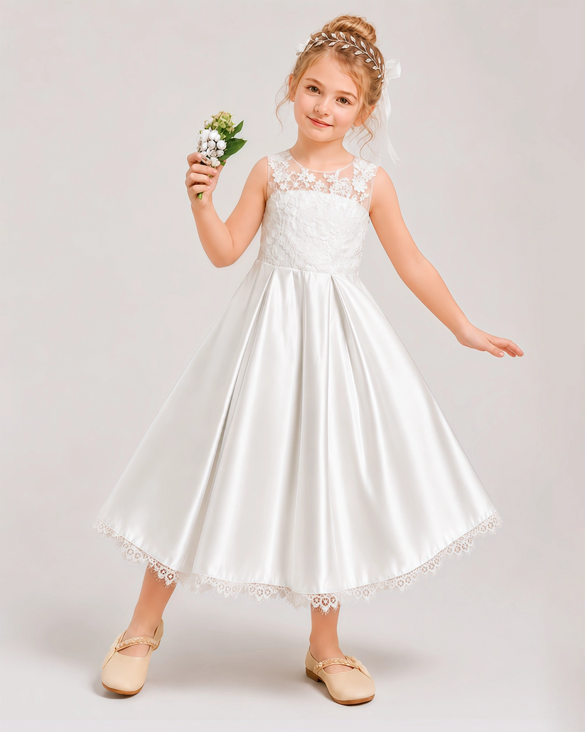White Satin A-line Flower Girl Dress Front View