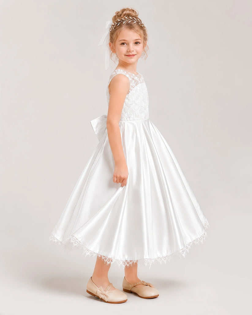 White Satin A-line Flower Girl Dress Side View