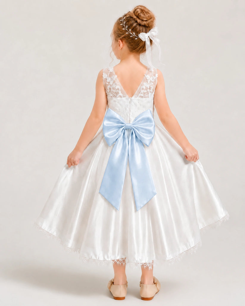 Baby Blue Satin A-line Flower Girl Dress Back View