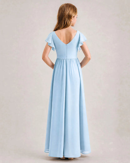 Baby Blue Chiffon A-line Junior Bridesmaid Dress Back View