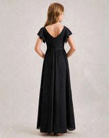 Black Chiffon A-line Junior Bridesmaid Dress Back View