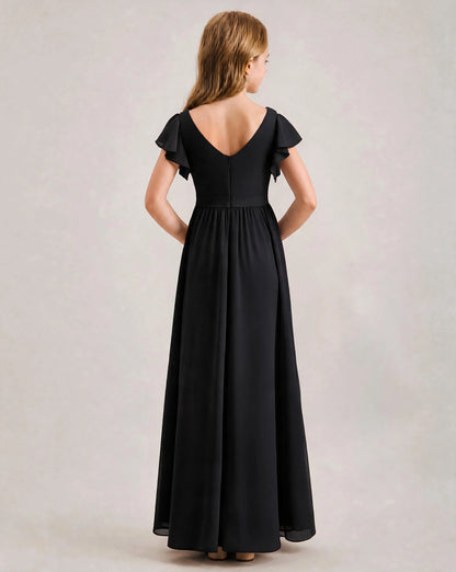 Black Chiffon A-line Junior Bridesmaid Dress Back View