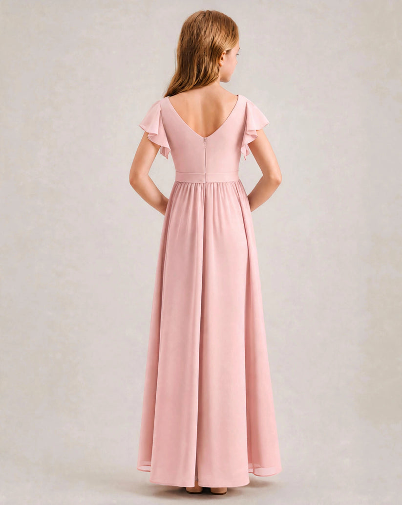Blush Pink Chiffon A-line Junior Bridesmaid Dress Back View