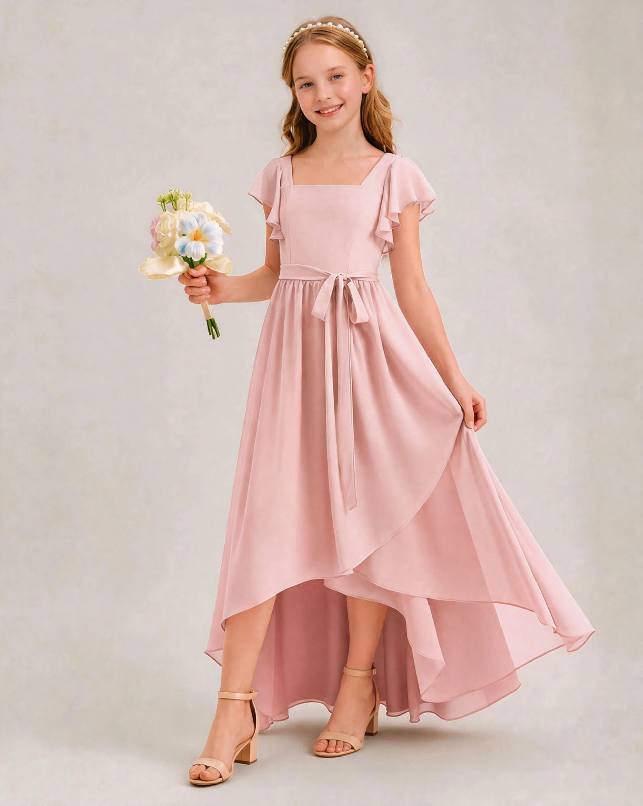 Blush Pink Chiffon A-line Junior Bridesmaid Dress Front View