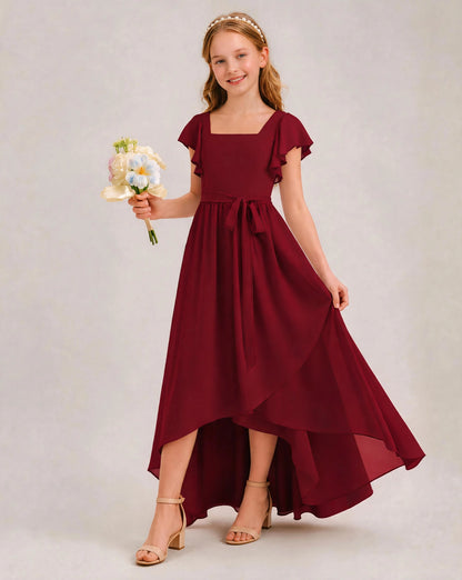 Burgundy Chiffon A-line Junior Bridesmaid Dress Front View