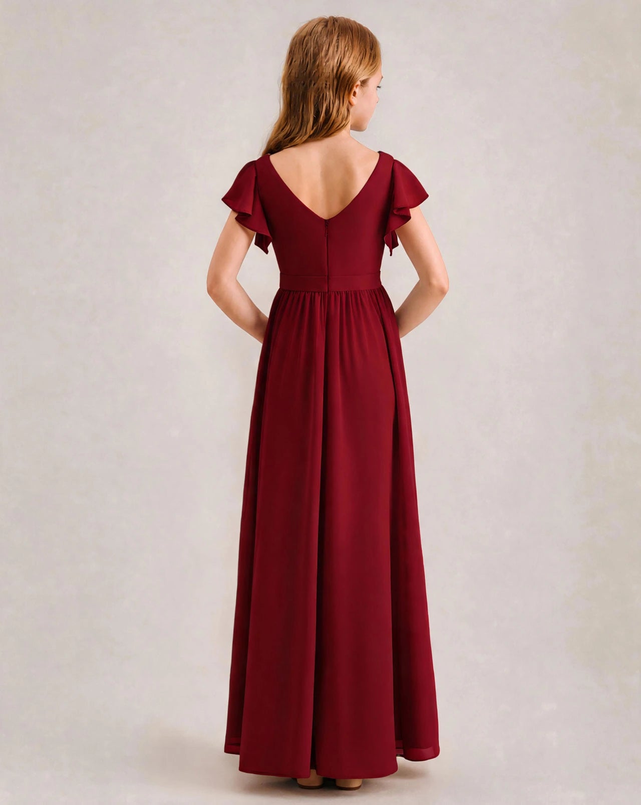 Burgundy Chiffon A-line Junior Bridesmaid Dress Back View