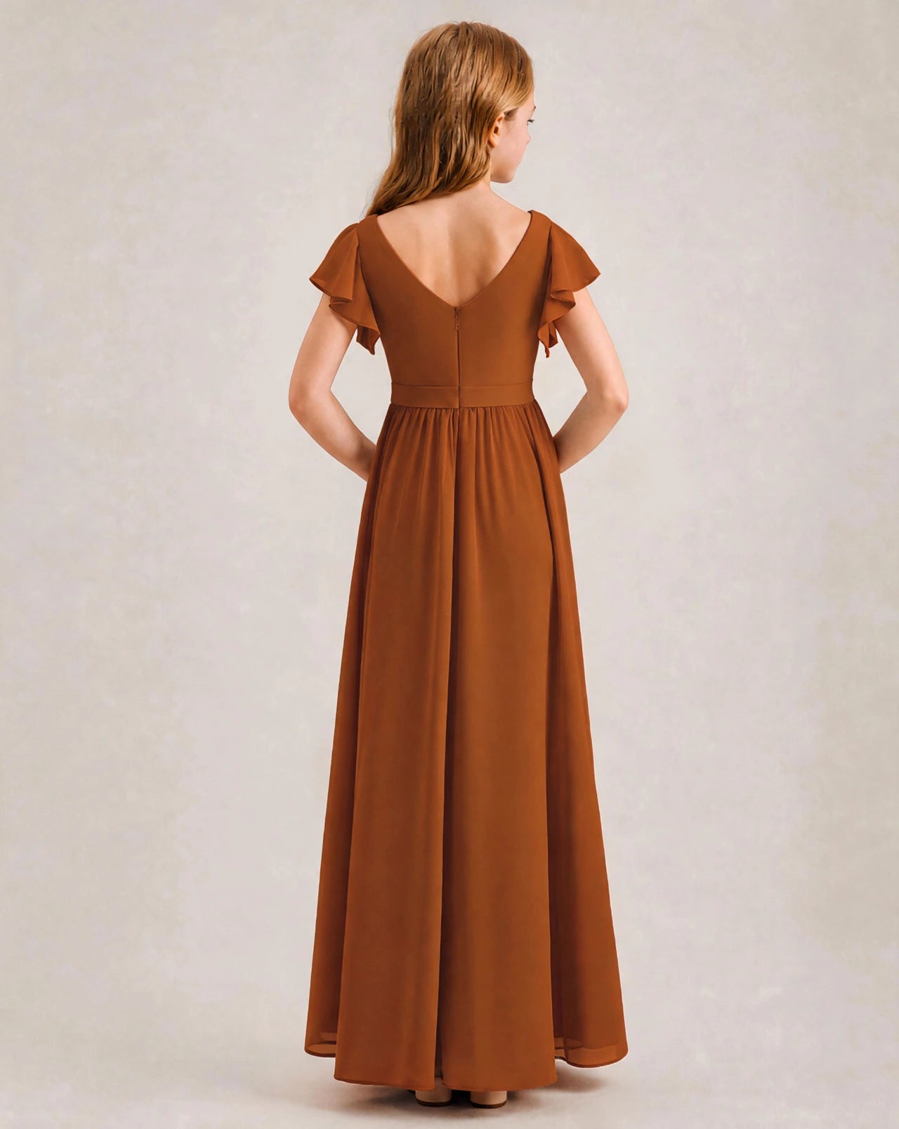 Burnt Orange Chiffon A-line Junior Bridesmaid Dress Back View
