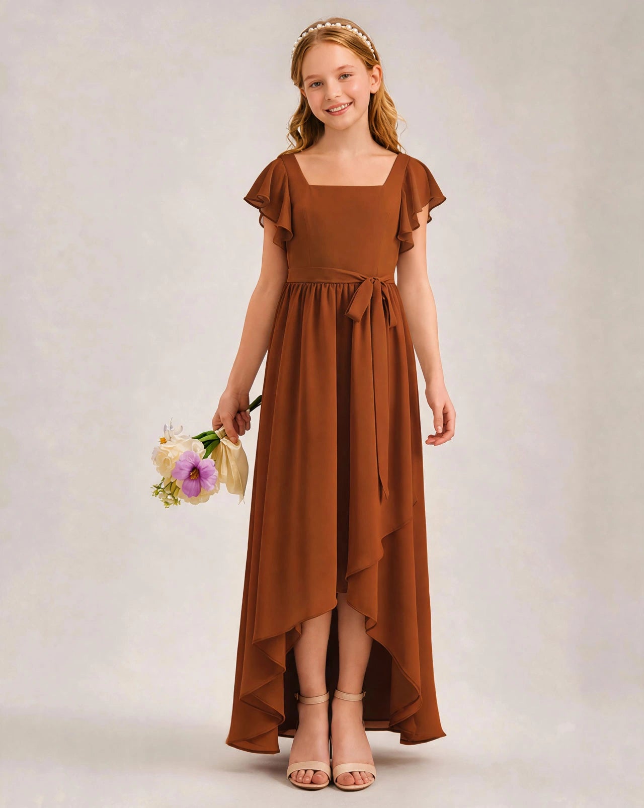 Burnt Orange Chiffon A-line Junior Bridesmaid Dress Front View