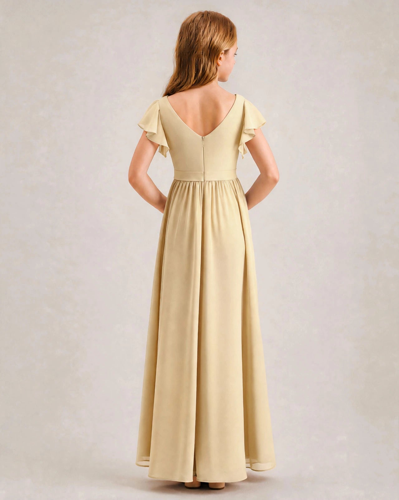 Champagne Chiffon A-line Junior Bridesmaid Dress Back View