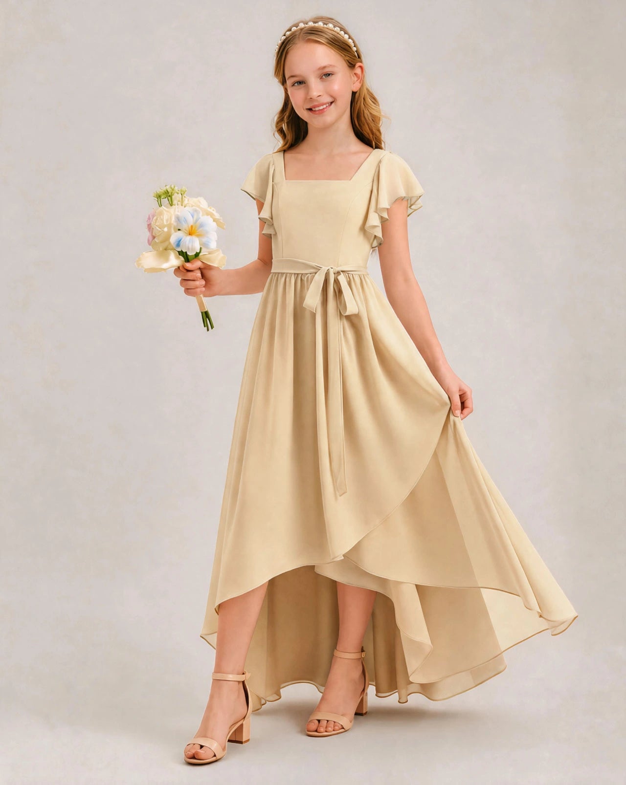 Champagne Chiffon A-line Junior Bridesmaid Dress Front View