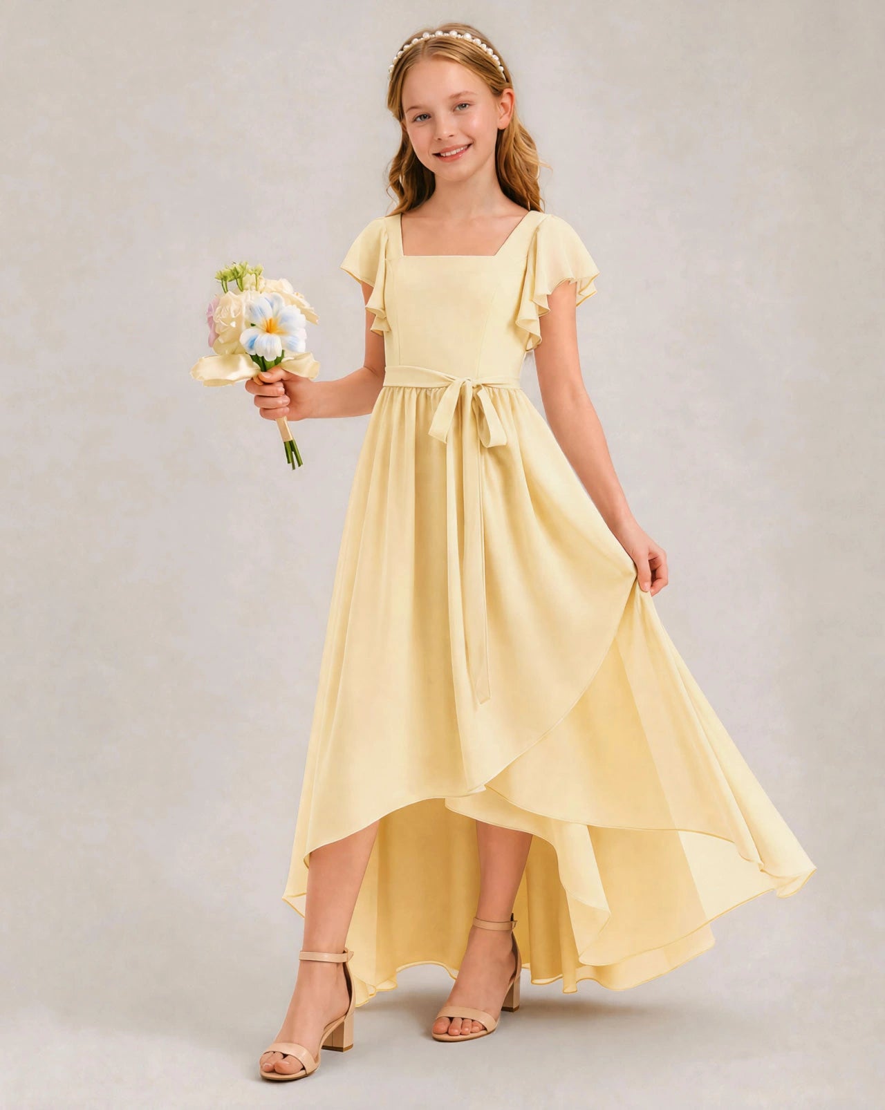 Daffodil Chiffon A-line Junior Bridesmaid Dress Front View