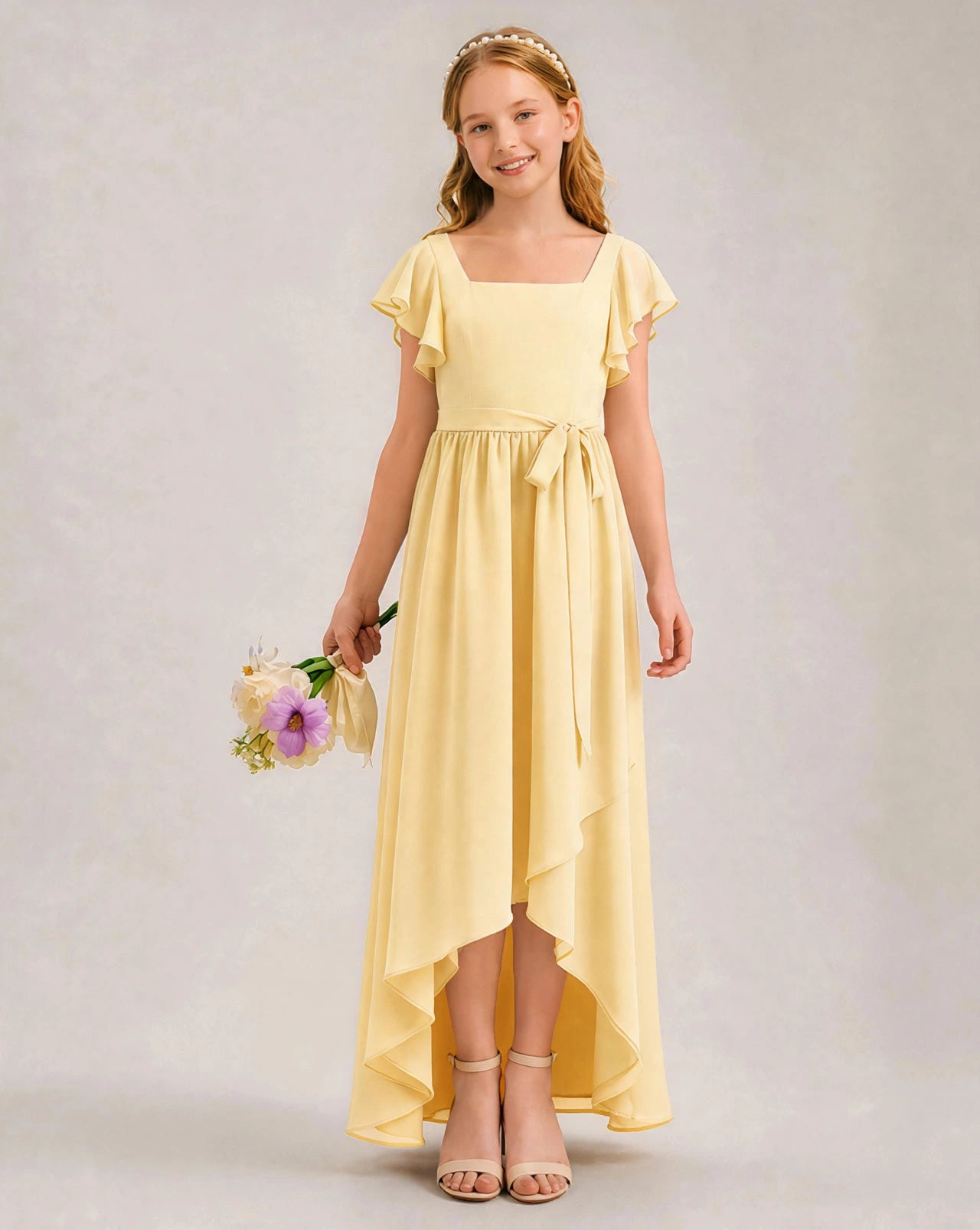 Daffodil Chiffon A-line Junior Bridesmaid Dress Front View
