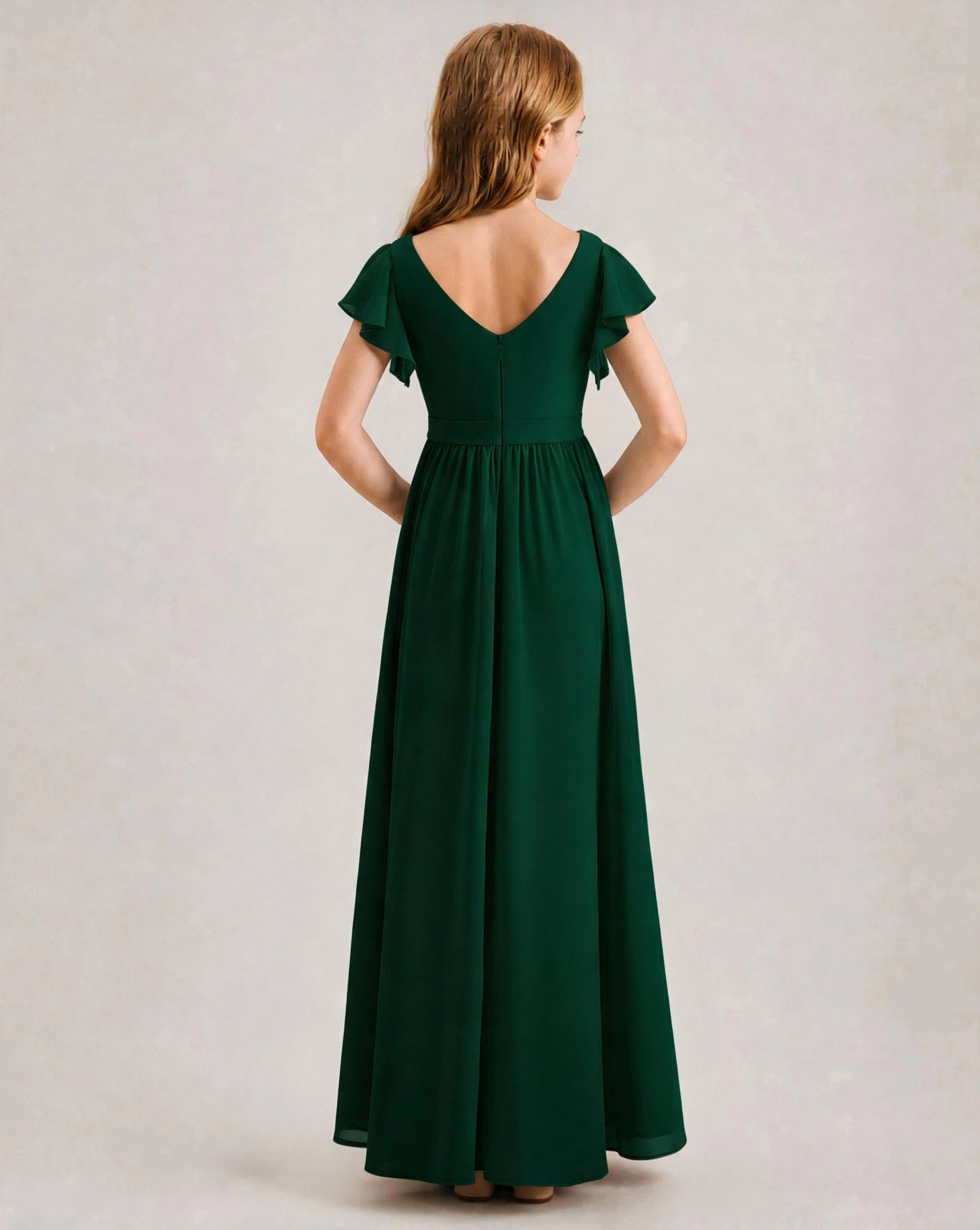 Dark-Green Chiffon A-line Junior Bridesmaid Dress Back View