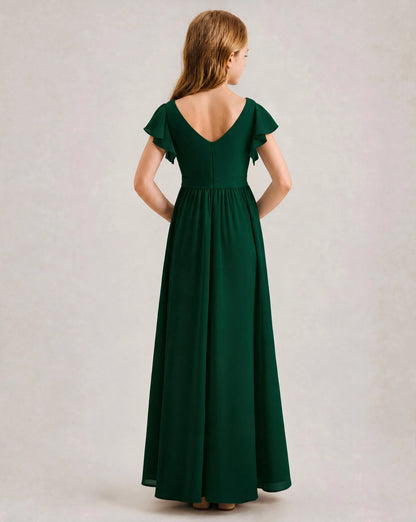 Dark-Green Chiffon A-line Junior Bridesmaid Dress Back View