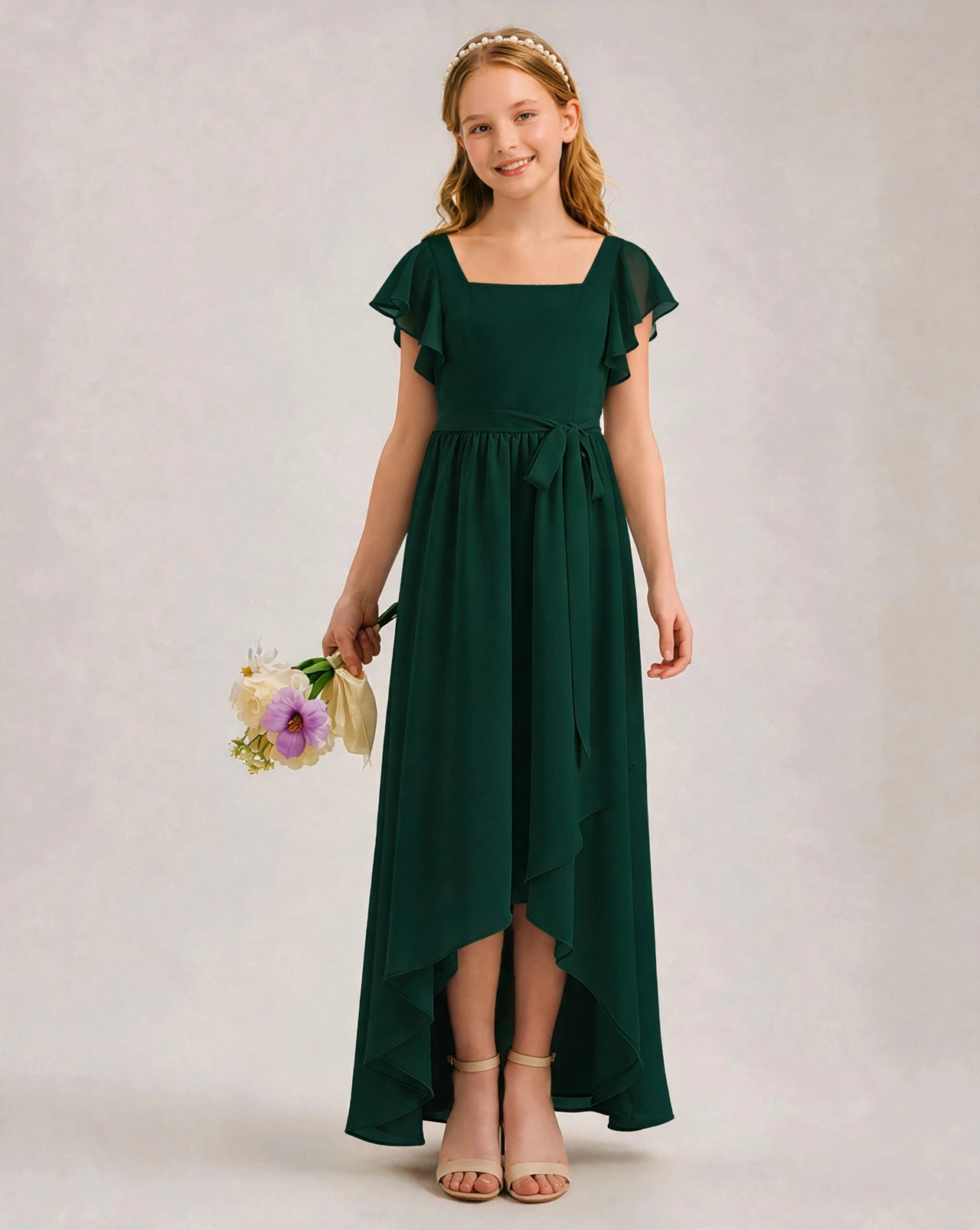Dideyttawl Junior Bridesmaid Dress with Flutter Sleeves and High-Low Chiffon Skirt, Dark Green / 6