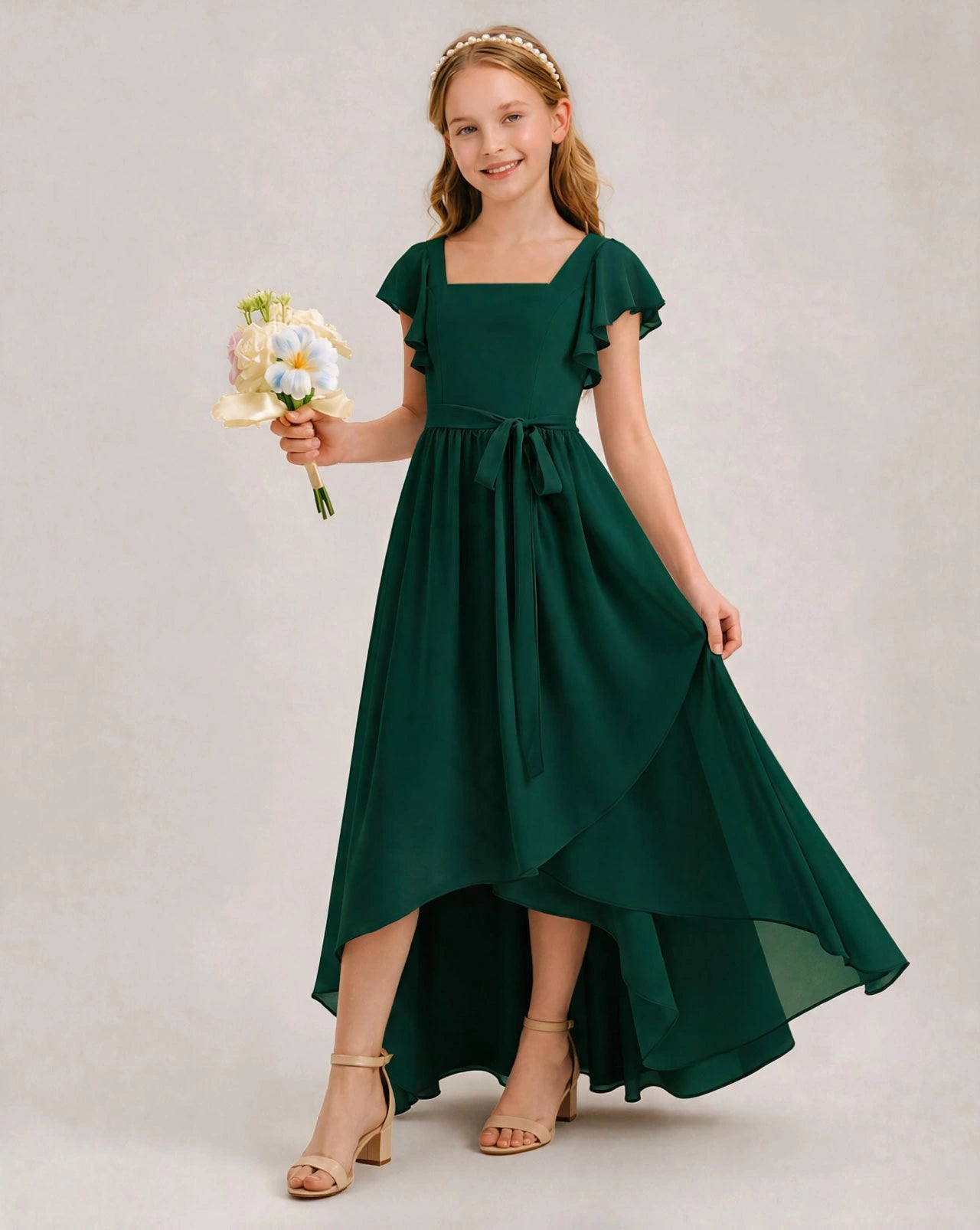 Dark Green Chiffon A-line Junior Bridesmaid Dress Front View