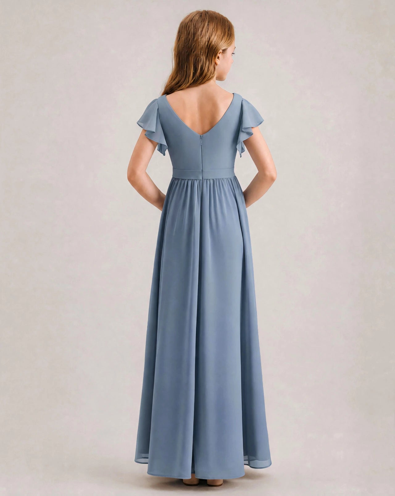 Dideyttawl Junior Bridesmaid Dress Dusty Blue Chiffon High Low A-Line Formal Gown