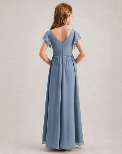 Dusty Blue Chiffon A-line Junior Bridesmaid Dress Back View