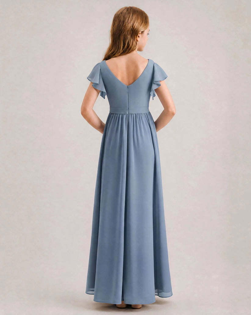 Dusty Blue Chiffon A-line Junior Bridesmaid Dress Back View
