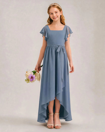 Dusty-Blue Chiffon A-line Junior Bridesmaid Dress Front View