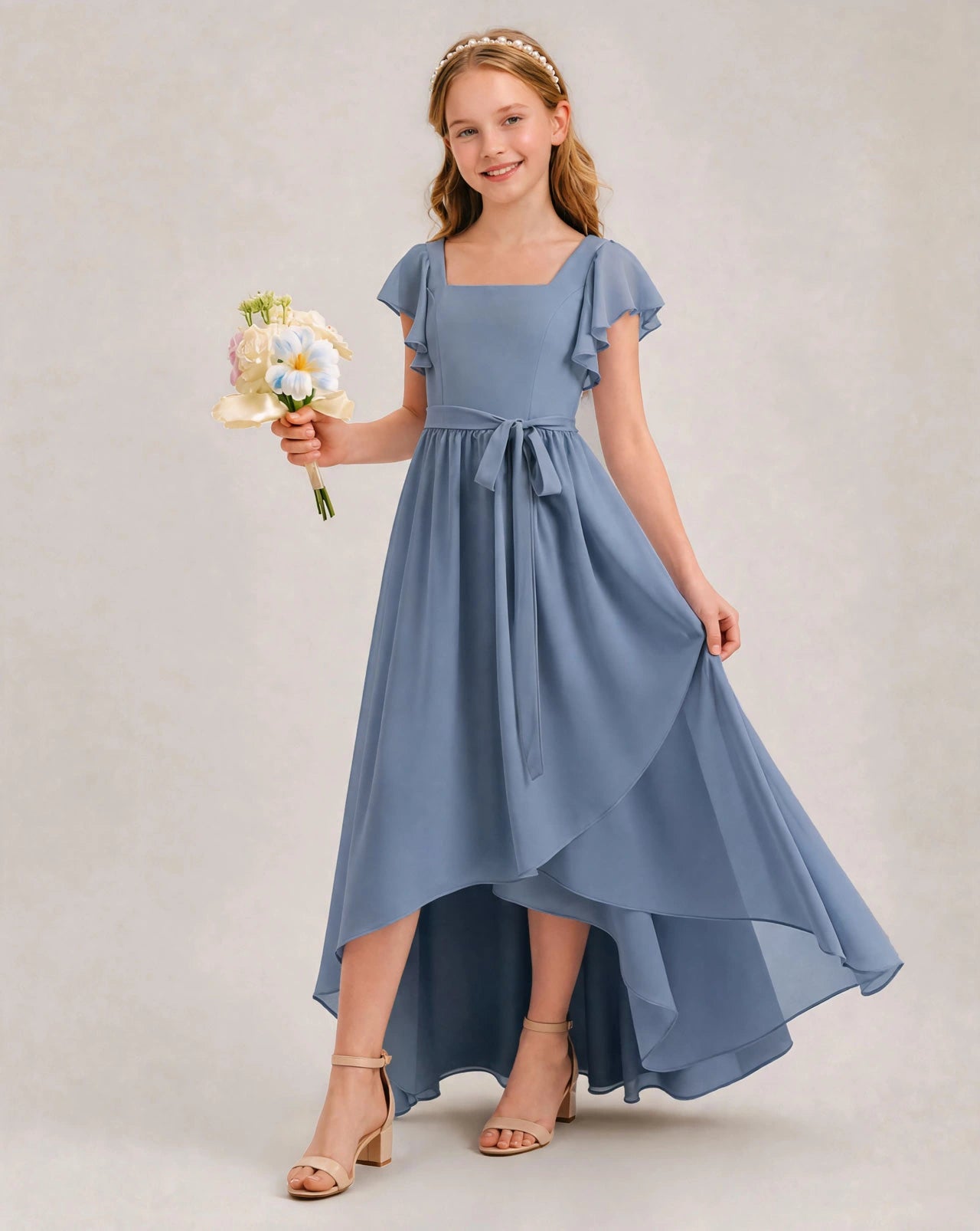 Dusty Blue Chiffon A-line Junior Bridesmaid Dress Front View