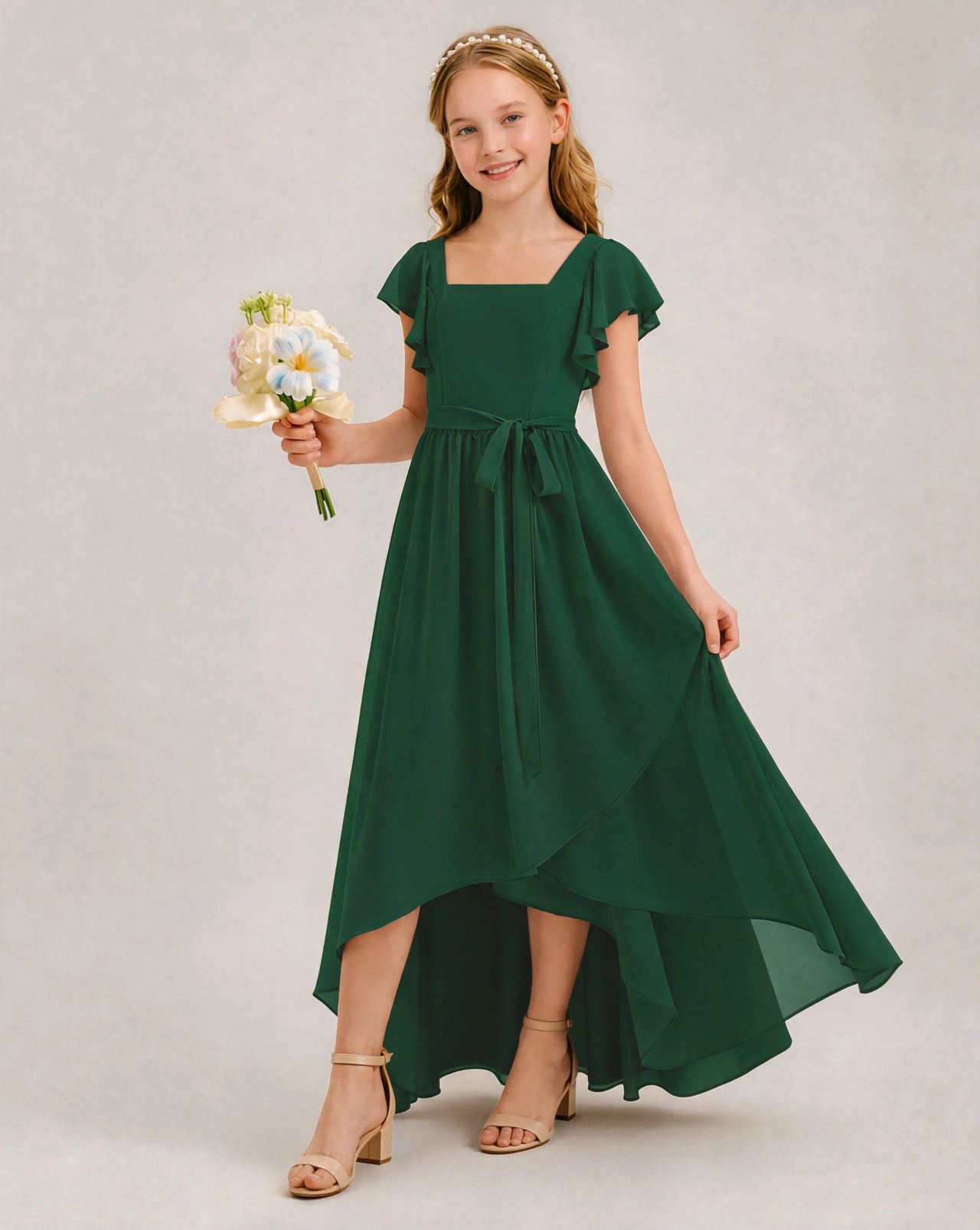 Emerald Green Chiffon A-line Junior Bridesmaid Dress Front View