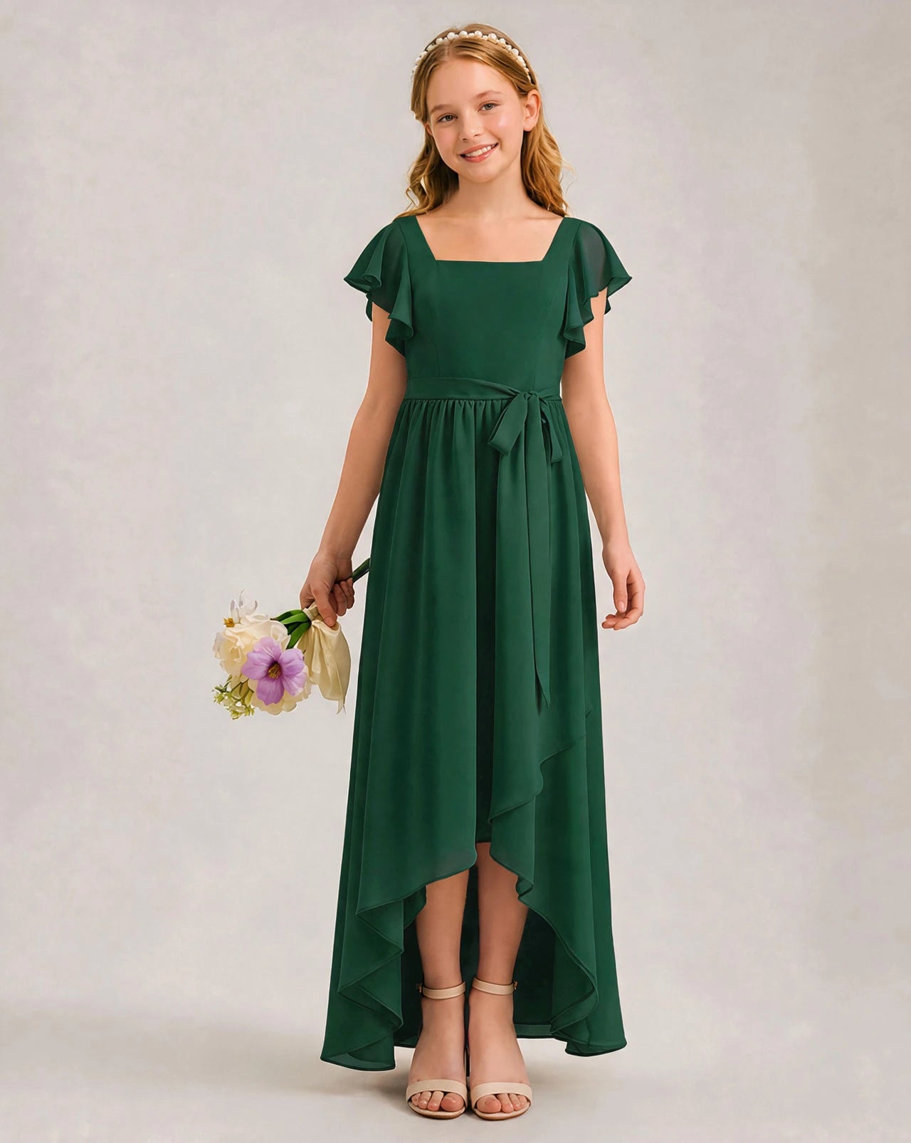 Emerald Green Chiffon A-line Junior Bridesmaid Dress Front View
