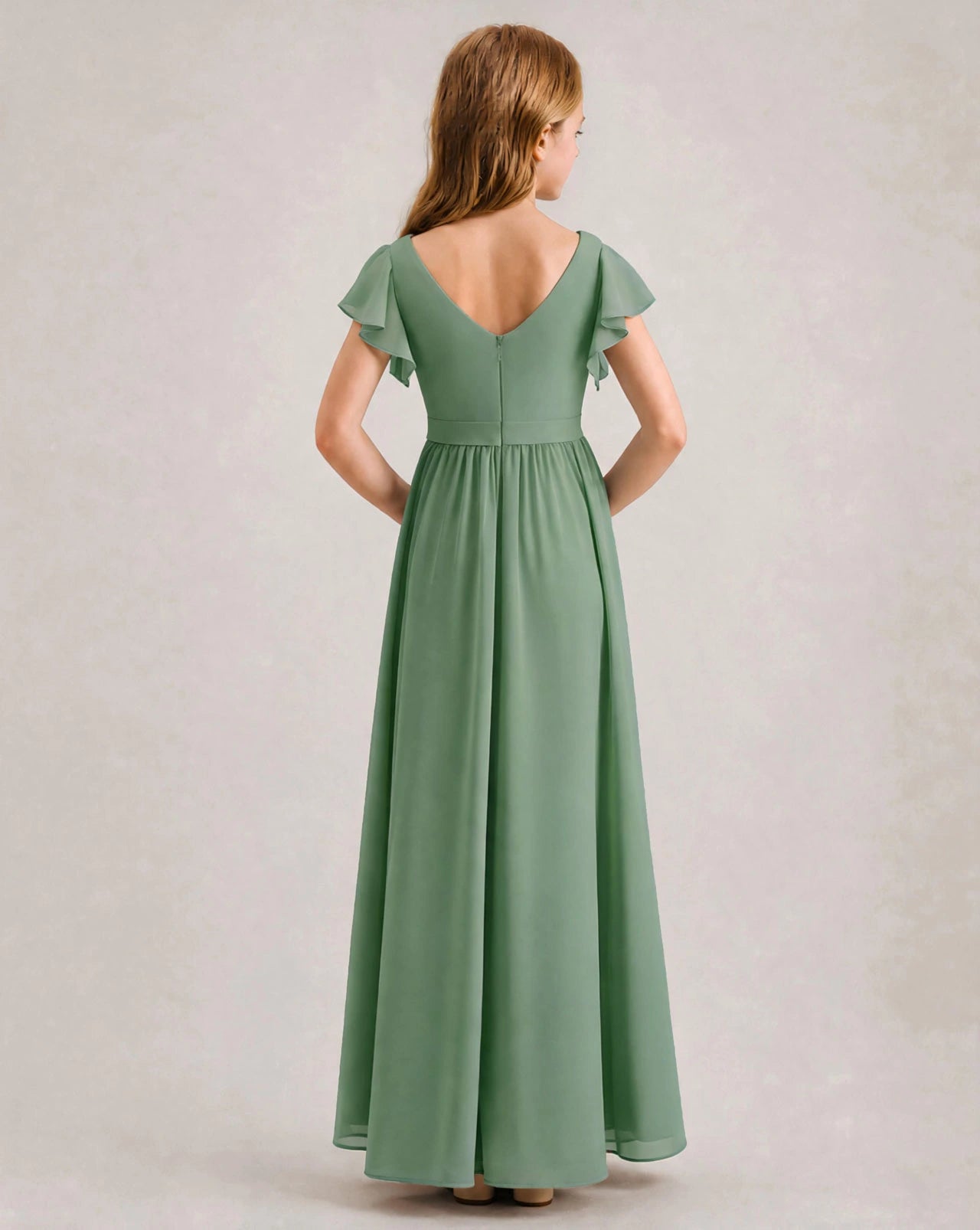 Eucalyptus Chiffon A-line Junior Bridesmaid Dress Back View
