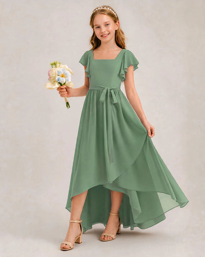 Eucalyptus Chiffon A-line Junior Bridesmaid Dress Front View