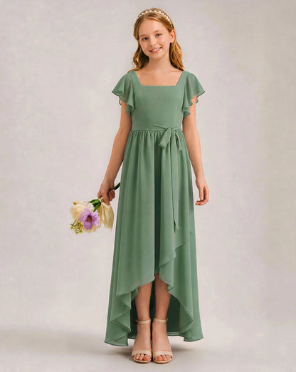 Eucalyptus Chiffon A-line Junior Bridesmaid Dress Front View