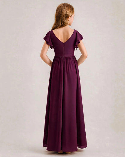 Grape Chiffon A-line Junior Bridesmaid Dress Back View