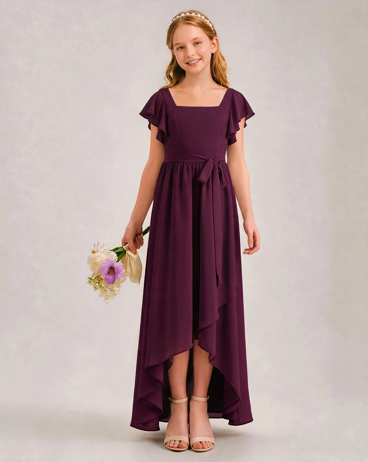 Grape Chiffon A-line Junior Bridesmaid Dress Front View