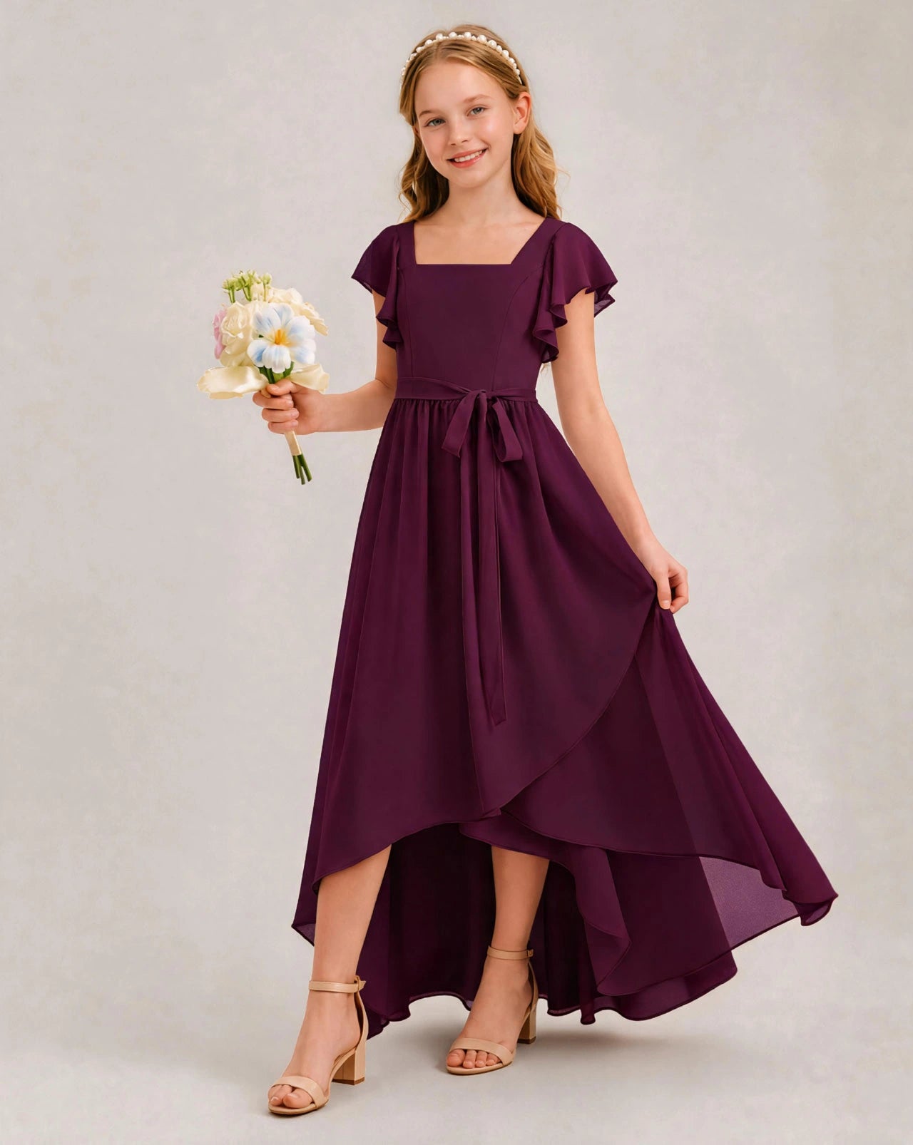 Grape Chiffon A-line Junior Bridesmaid Dress Front View