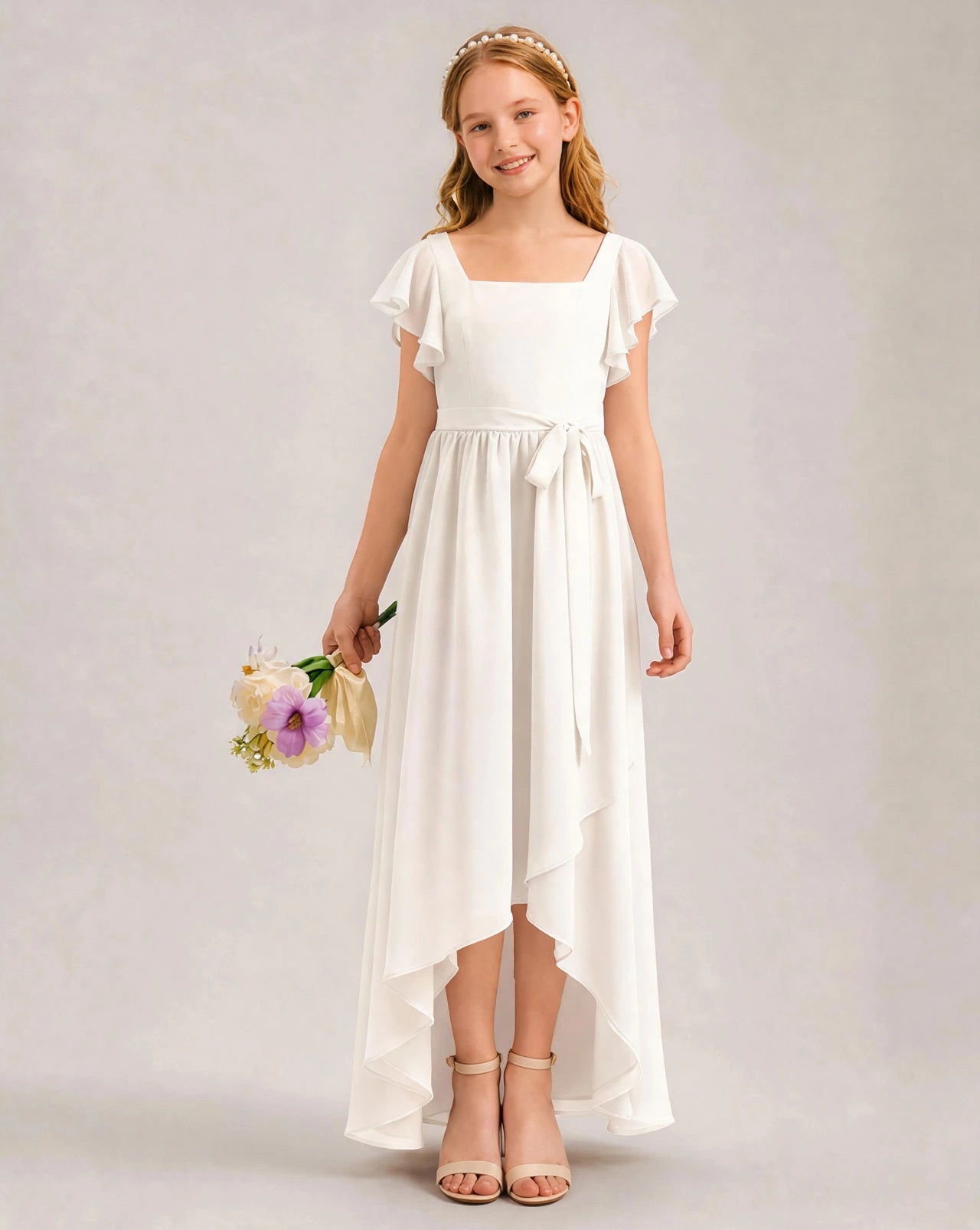 Ivory Chiffon A-line Junior Bridesmaid Dress Front View