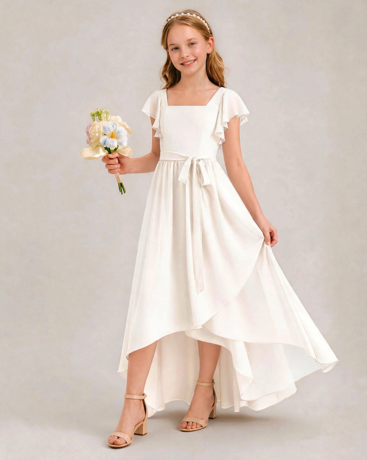 Ivory Chiffon A-line Junior Bridesmaid Dress Front View