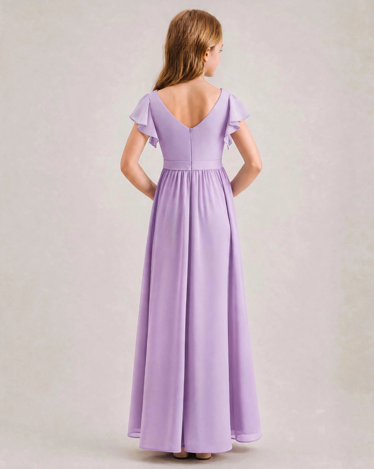 Dideyttawl Junior Bridesmaid Dress with Flutter Sleeves and High-Low Chiffon Skirt, Wisteria / 10