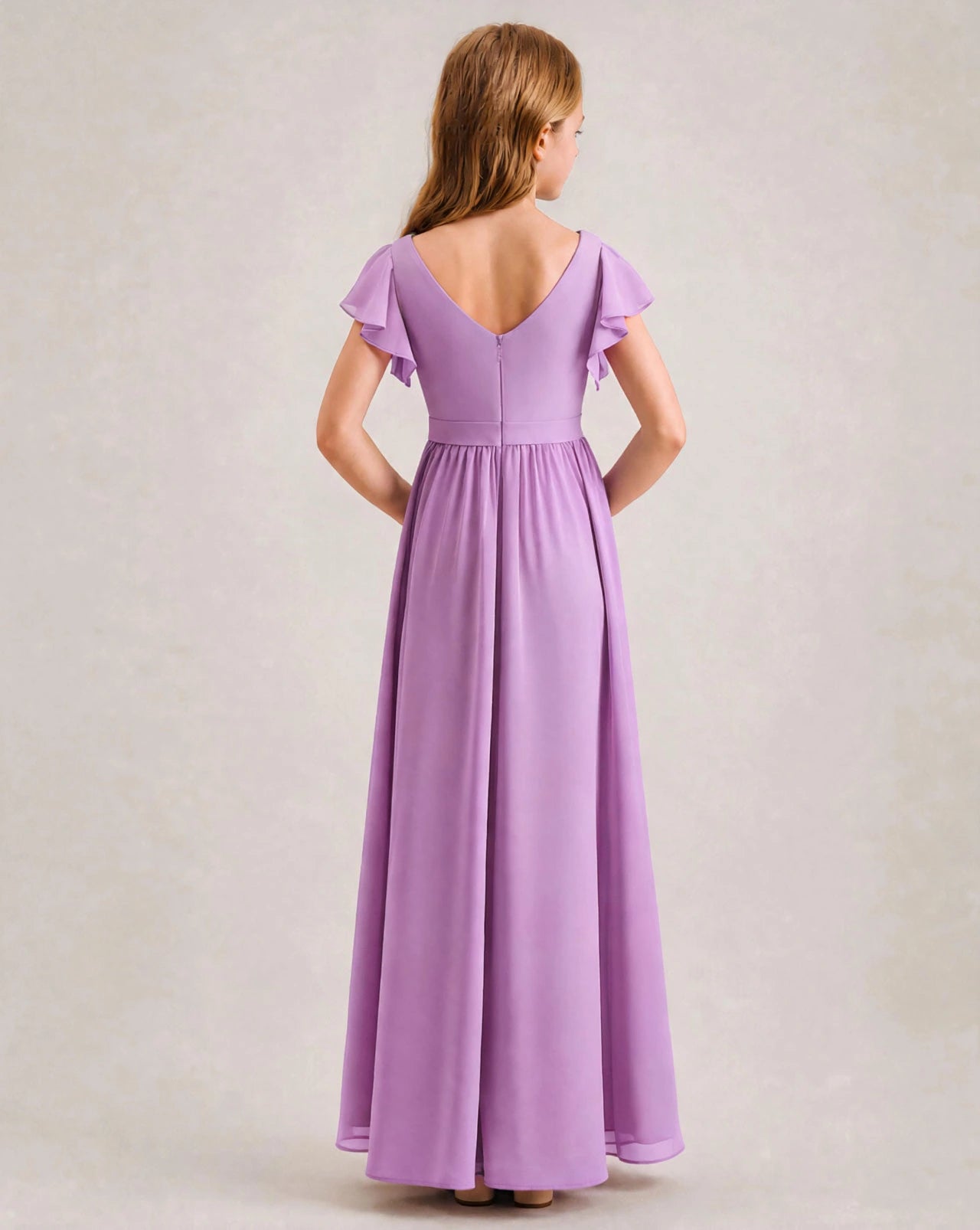 Lilac Chiffon A-line Junior Bridesmaid Dress Back View