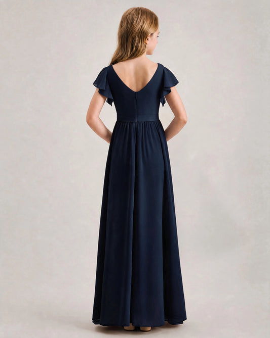 Navy Blue Chiffon A-line Junior Bridesmaid Dress Back View