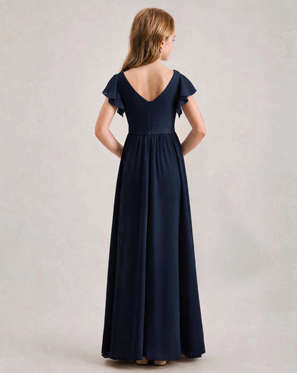 Navy Blue Chiffon A-line Junior Bridesmaid Dress Back View